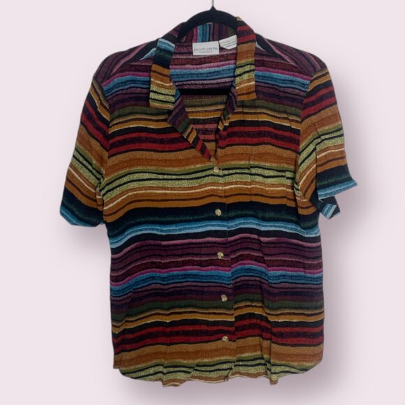 ⭐️ Striped Sunset Hipster Hippie Artsy Party Trendy Cool Hip Button Down Art Top - Picture 1 of 5